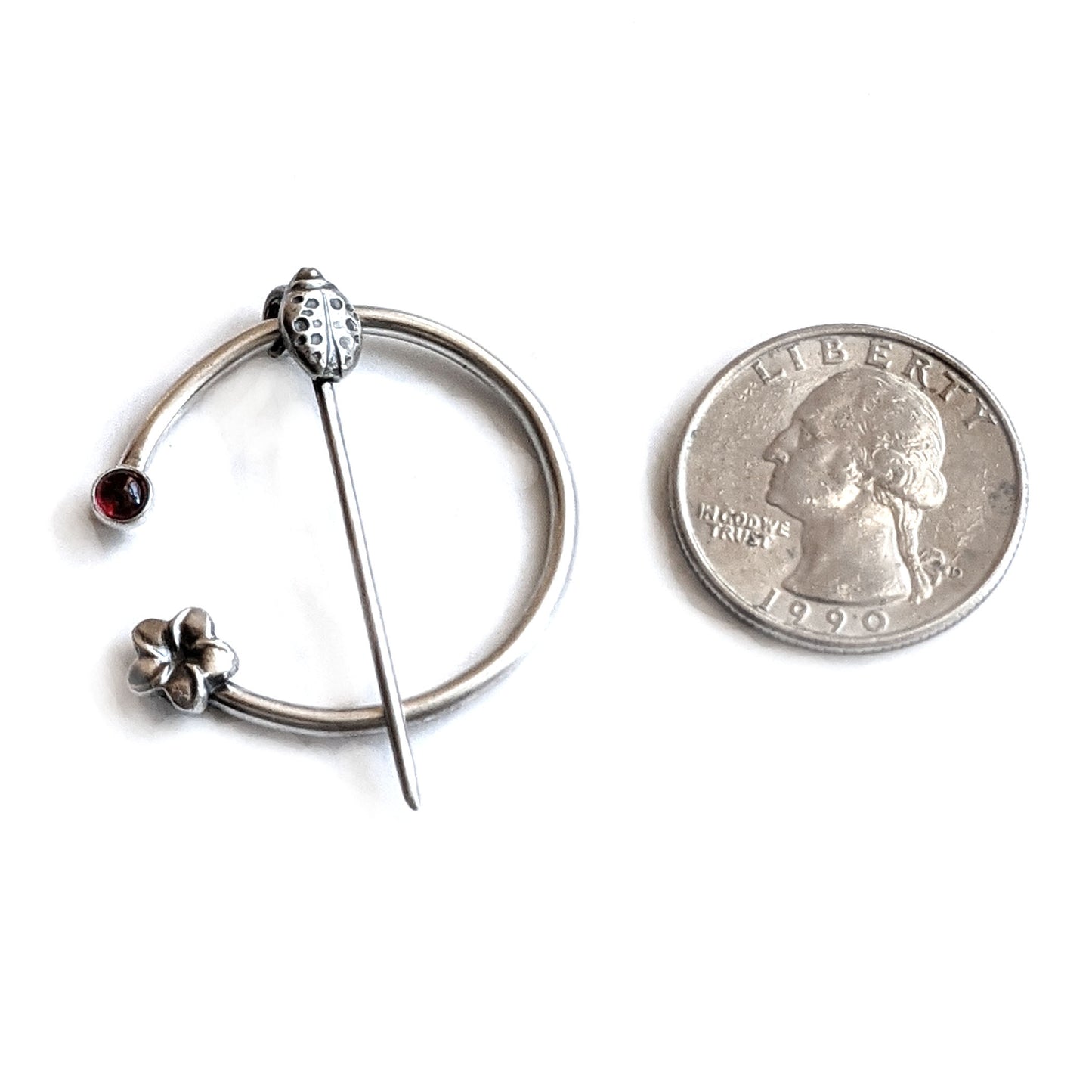 Garnet Ladybug and Flower Penannular Brooch