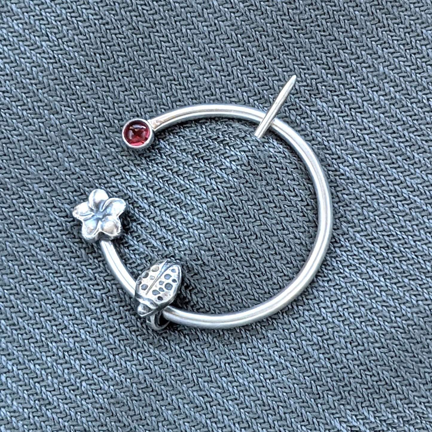 Garnet Ladybug and Flower Penannular Brooch