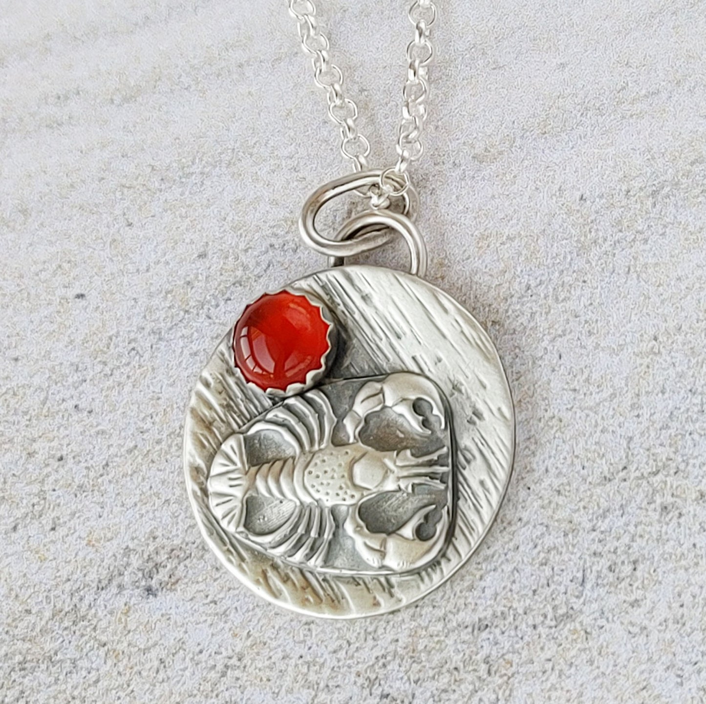 Lobster Sterling Silver Round Pendant with Carnelian Gemstone