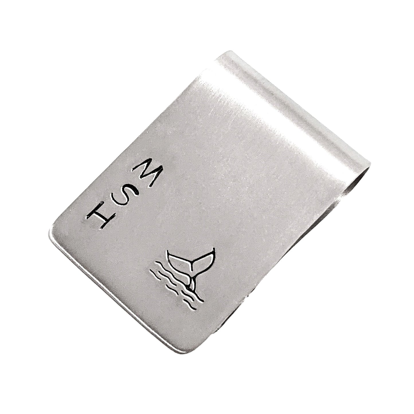 Money clip showing sample of how it can be personalized with initials.