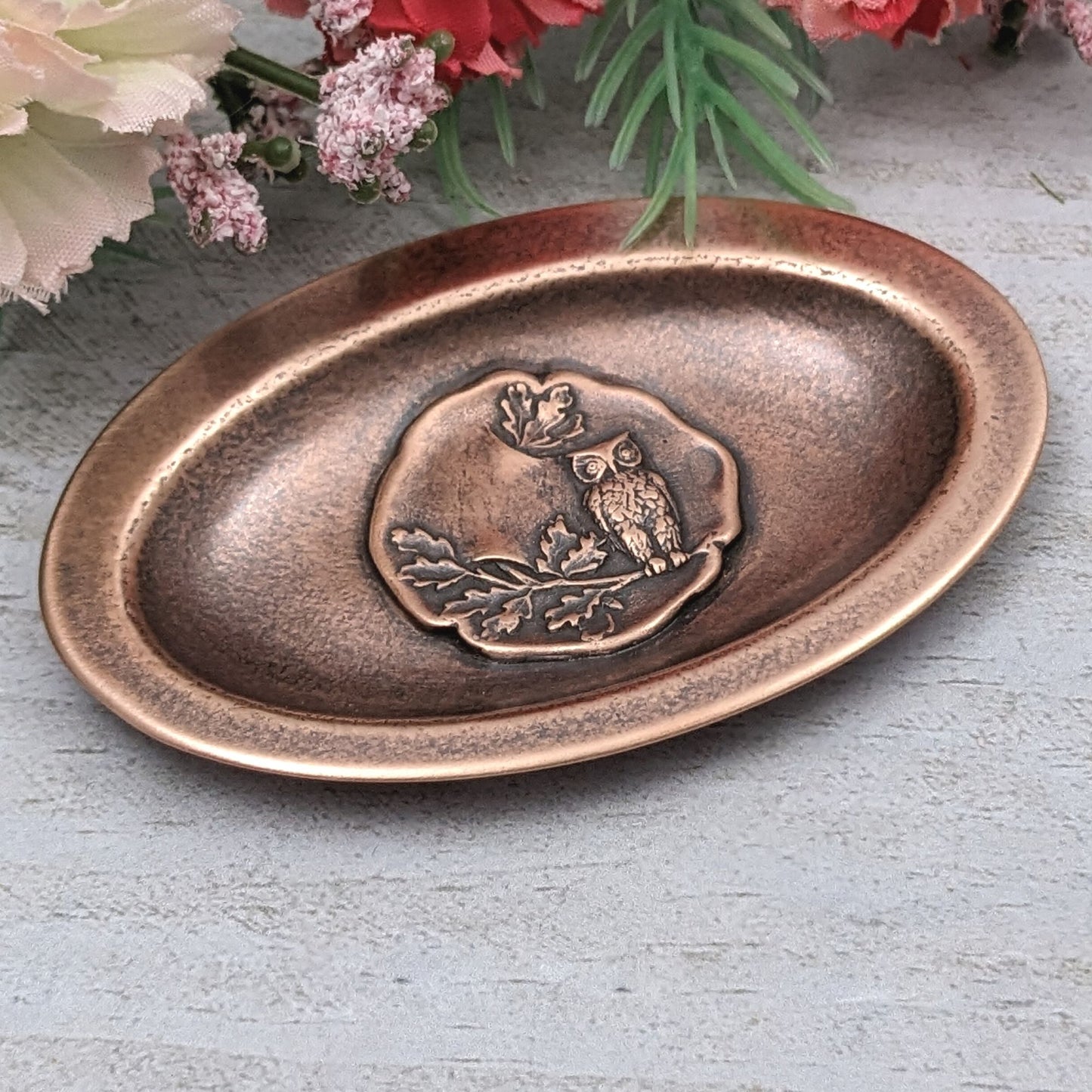 Owl in Tree Copper Oval Ring Dish