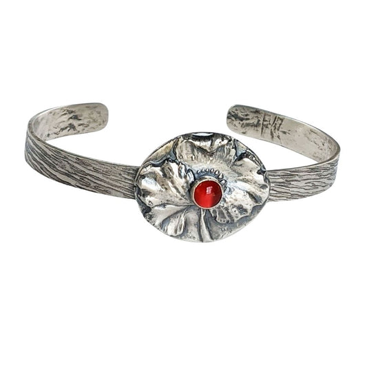 Poppy Flower and Carnelian Sterling Silver Cuff Bracelet