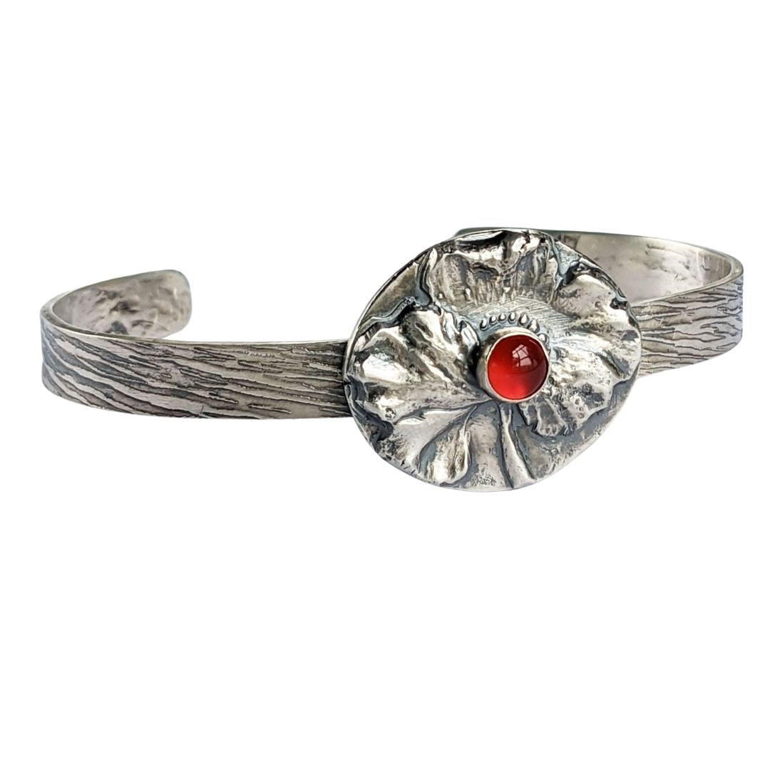 Poppy Flower and Carnelian Sterling Silver Cuff Bracelet