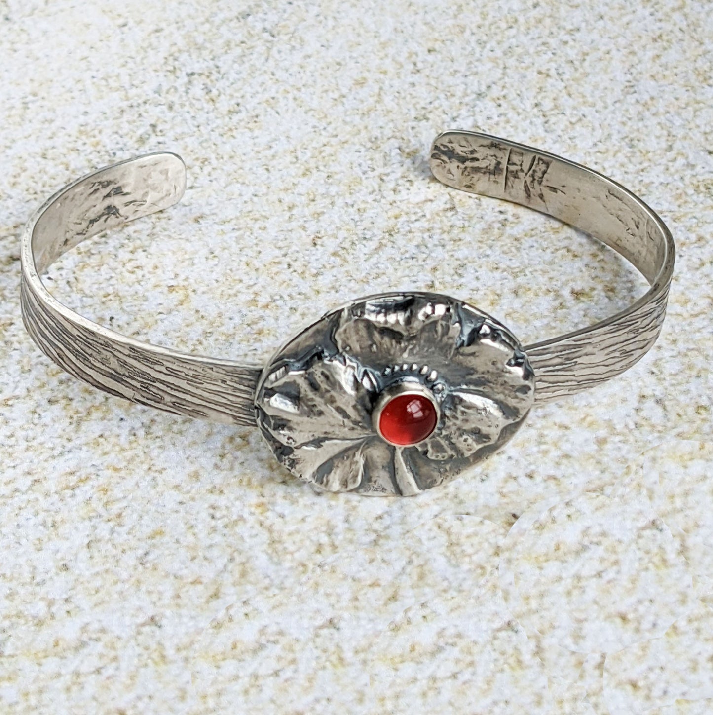 Poppy Flower and Carnelian Sterling Silver Cuff Bracelet