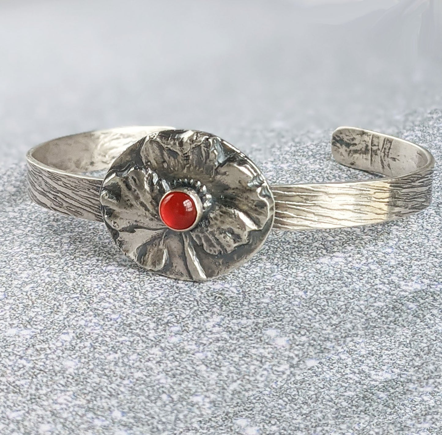 Poppy Flower and Carnelian Sterling Silver Cuff Bracelet