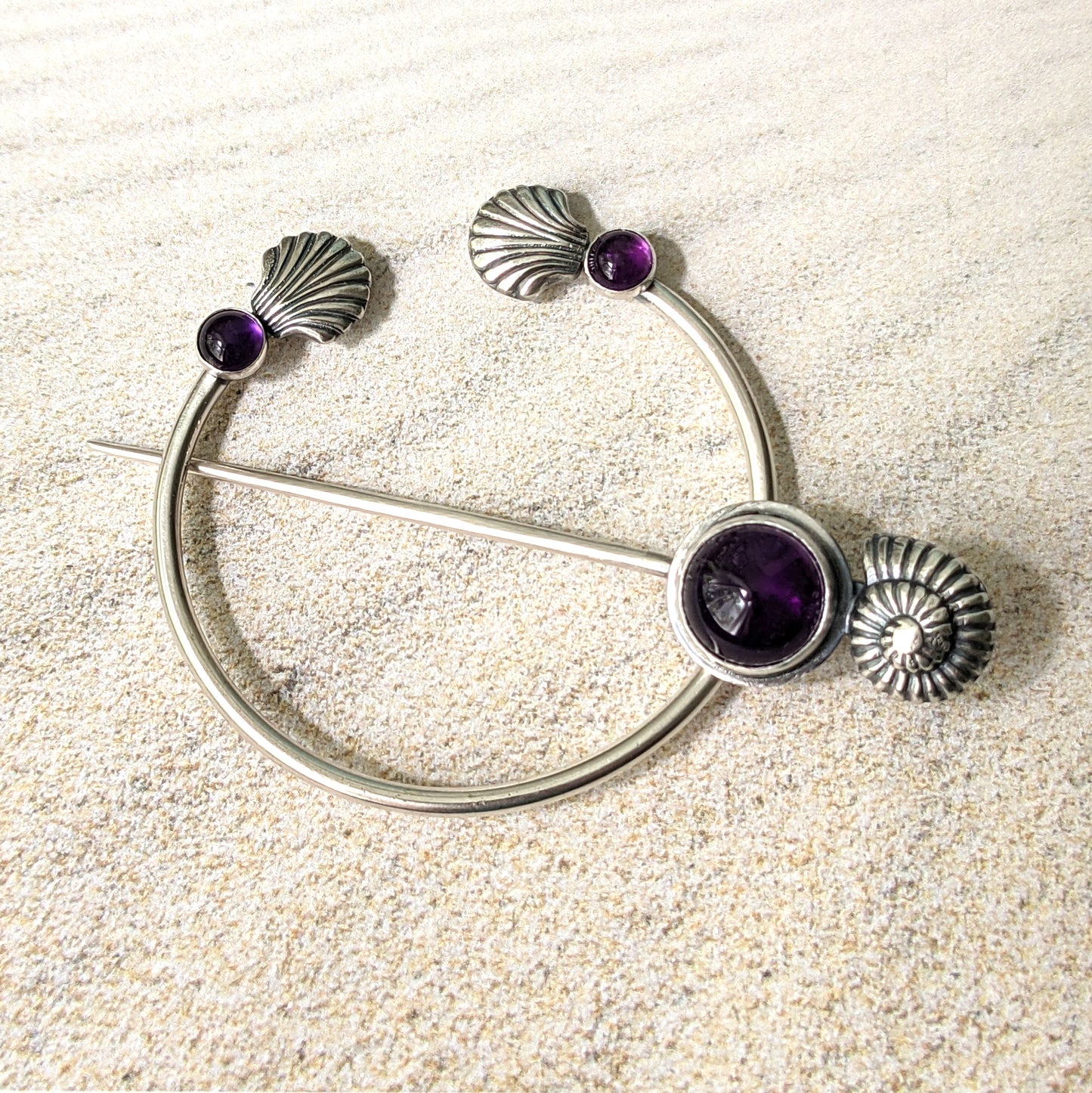 Seashell and Amethyst Penannular Brooch