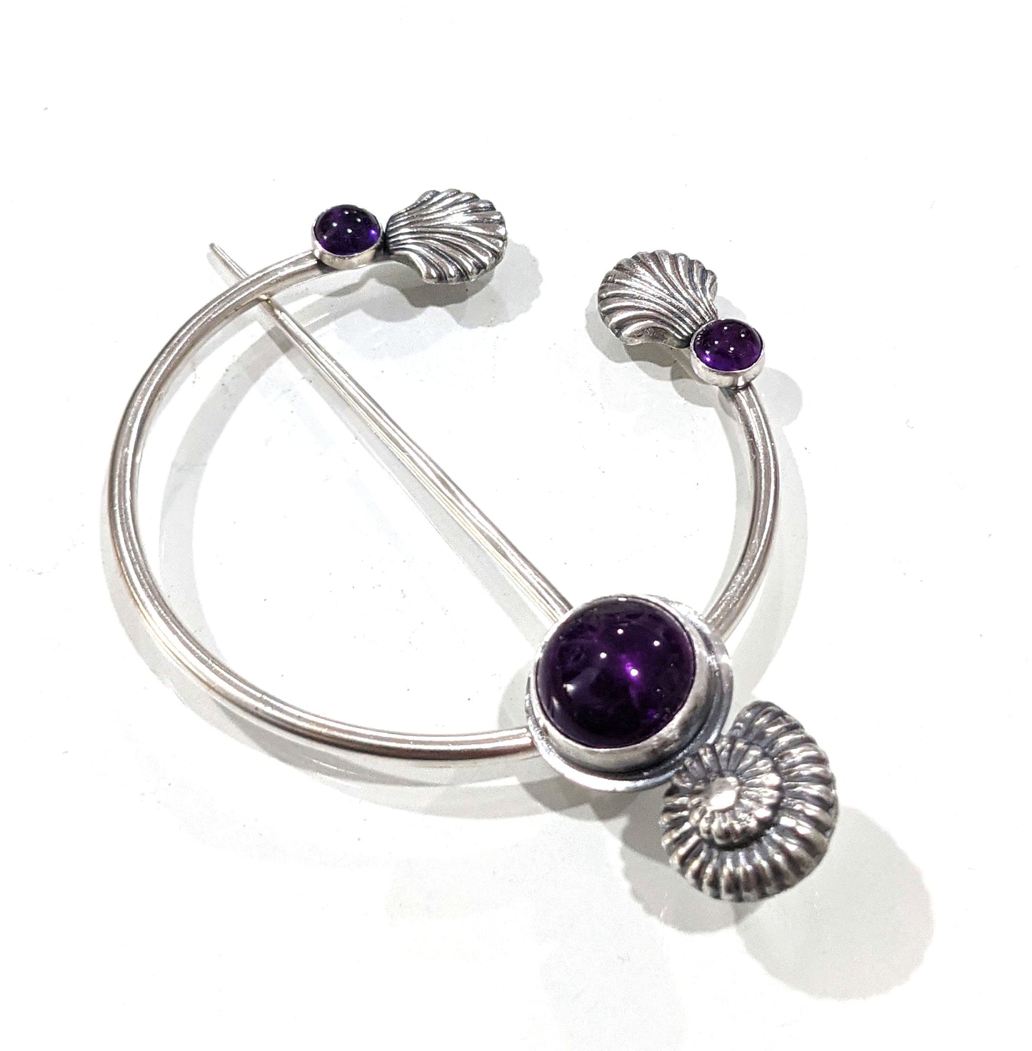 Seashell and Amethyst Penannular Brooch