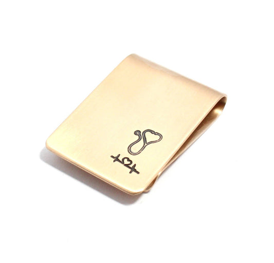 heart and stethoscope money clip bronze Sterling Silver Personalized
