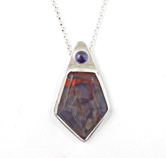 Purple Cow Agate and Amethyst Sterling Silver Pendant