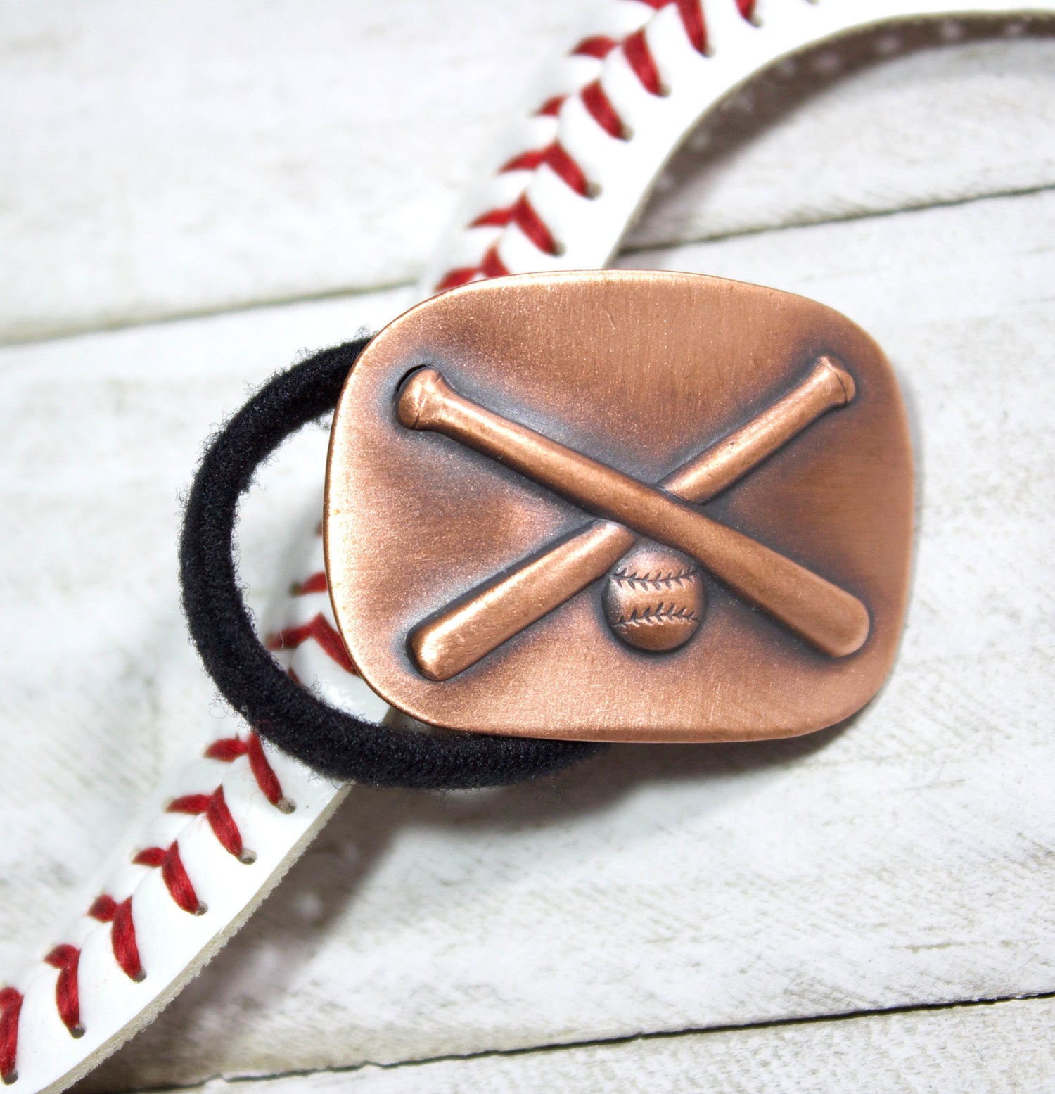 crossed baseball bats handmade copper ponytail holder