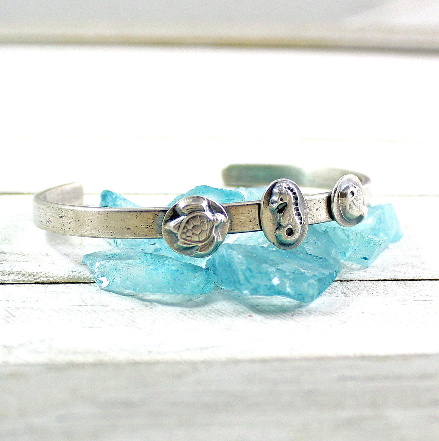 Ocean Life Cuff Bracelet Sterling Silver Turtle Seahorse Fish