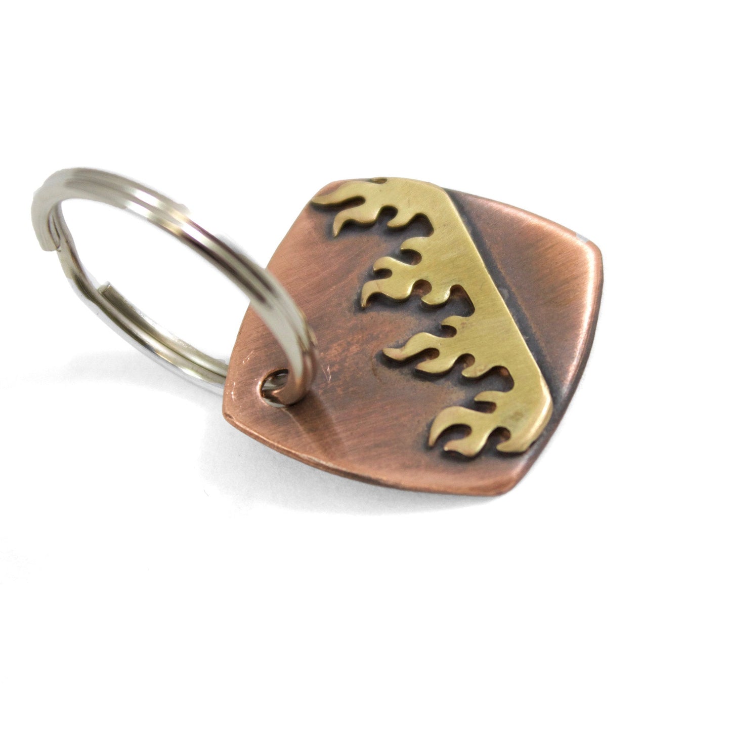 Copper keychain with flames design