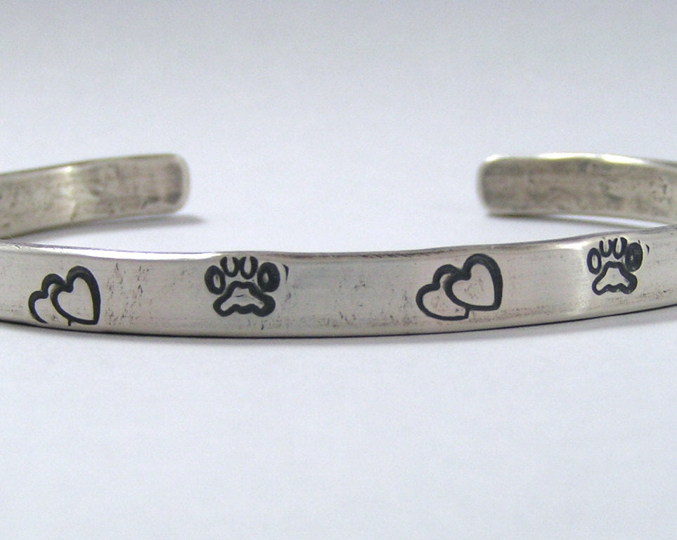 Paw Print and Hearts Sterling Silver Cuff Bracelet