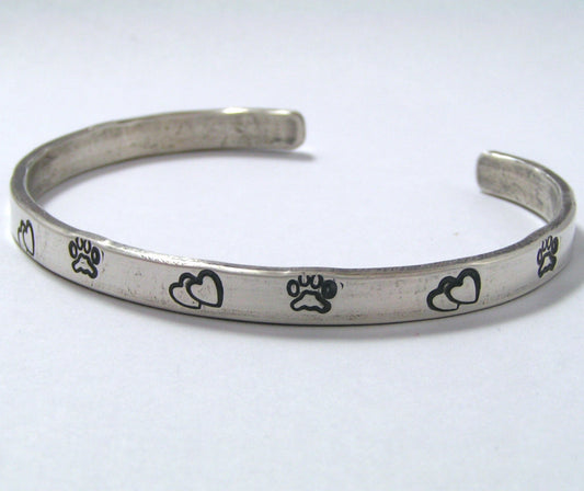 Paw Print and Hearts Sterling Silver Cuff Bracelet