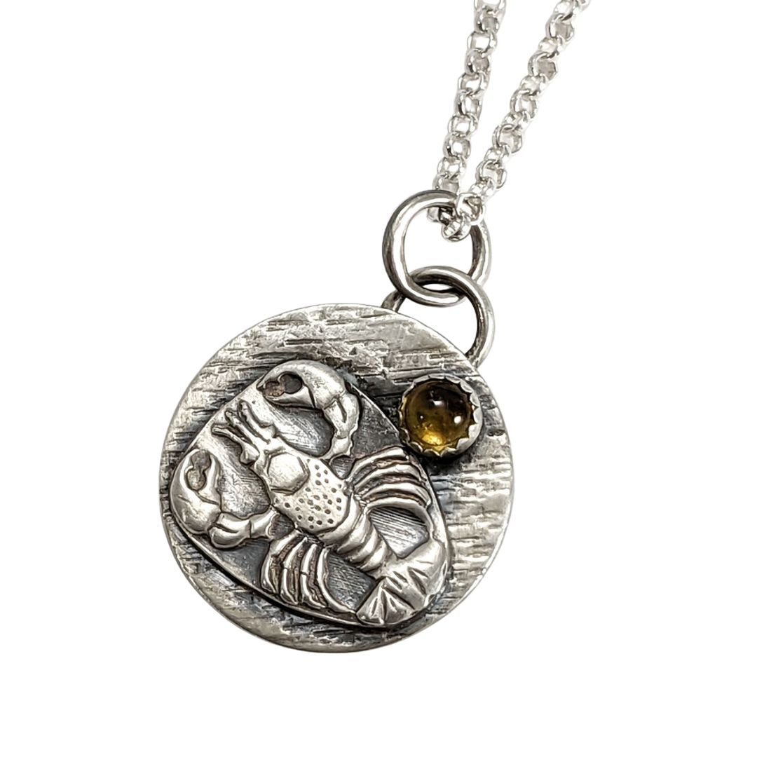 Lobster Sterling Silver Round Pendant with Citrine Gemstone