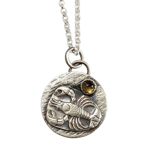 Lobster Sterling Silver Round Pendant with Citrine Gemstone