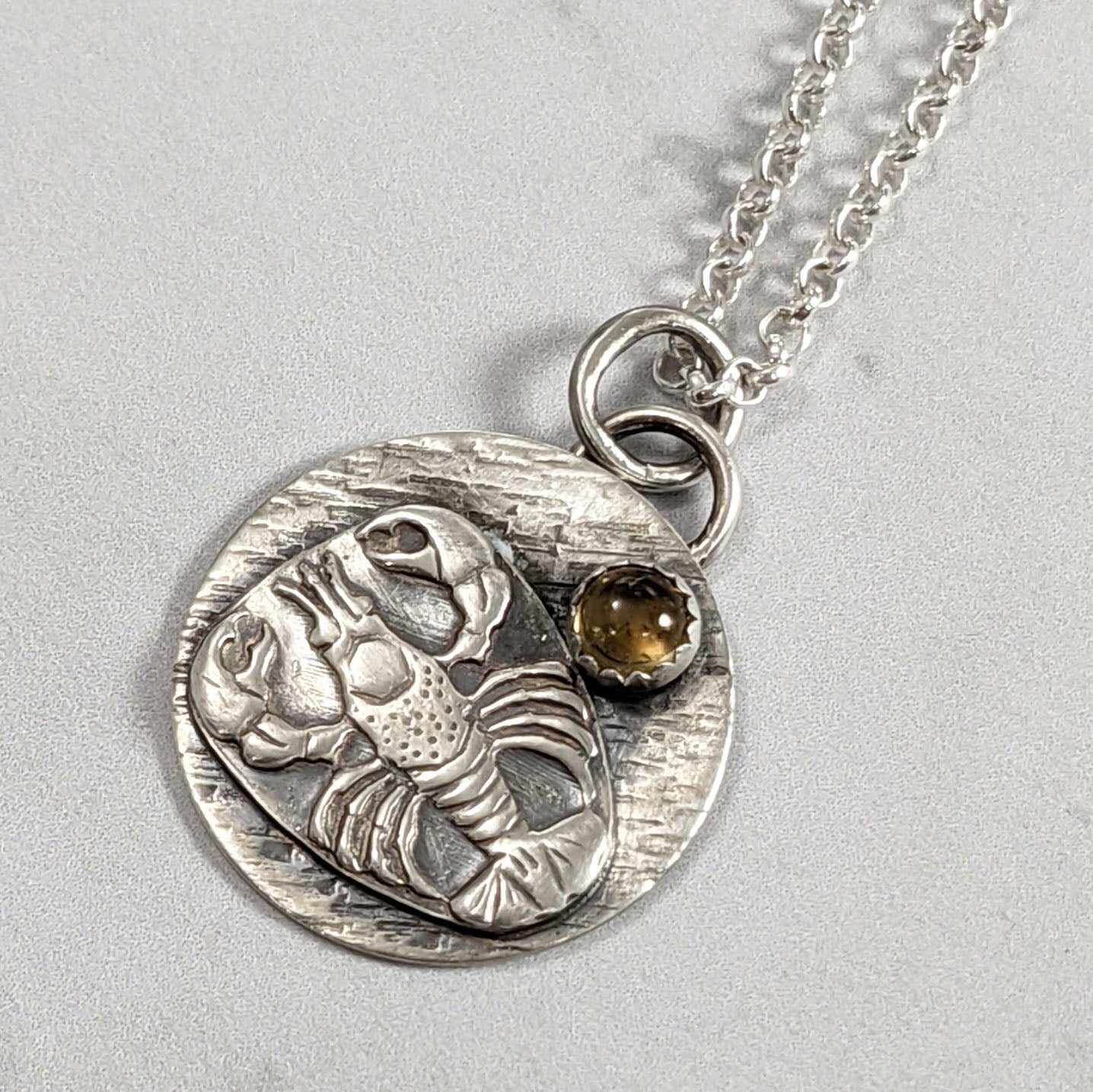 Lobster Sterling Silver Round Pendant with Citrine Gemstone